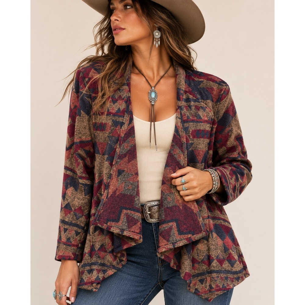 America Blues Southwestern Aztec Jacket Large Boho Cowgirl Draped